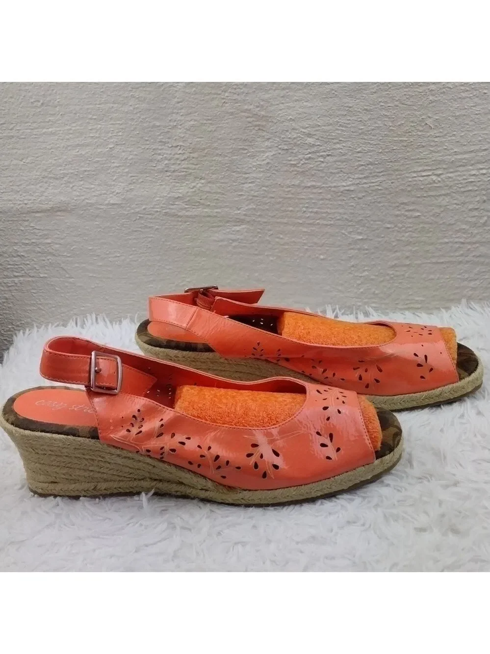 Easy Street Tangerine Faux Leather Cut Out Upper Open Toe Wedged-Heel Espadrille